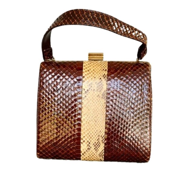 1950s Vintage Dark Brown Snakeskin Box Shape Handbag With Python Stripe Accent - Picture 2 of 6